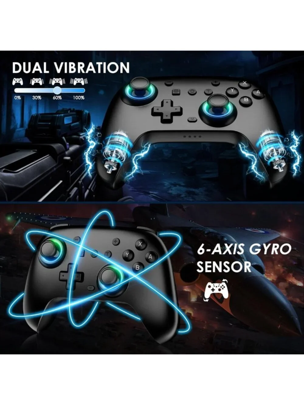 Wireless Switch Controllers 2-Pack with Charging Dock, RGB, Dual Vibration